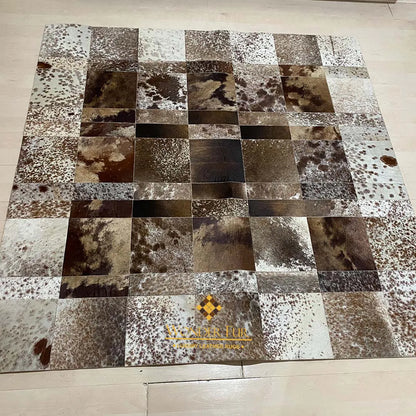 Mixed Brown Natural Leather Cowhide Patchwork Square Area Rug 100% Natural Leather Carpet