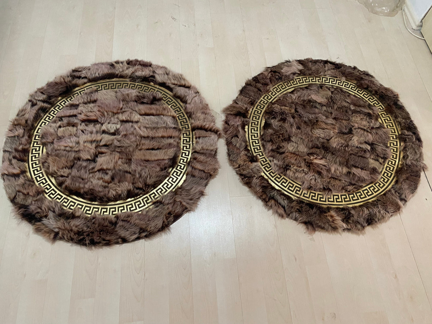 Patchwork Fluffy Soft Brown Gold Organic Sheepskin Handmade Round Rug