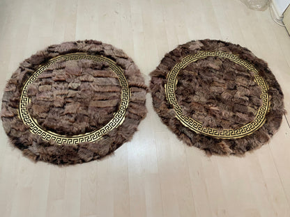 Patchwork Fluffy Soft Brown Gold Organic Sheepskin Handmade Round Rug