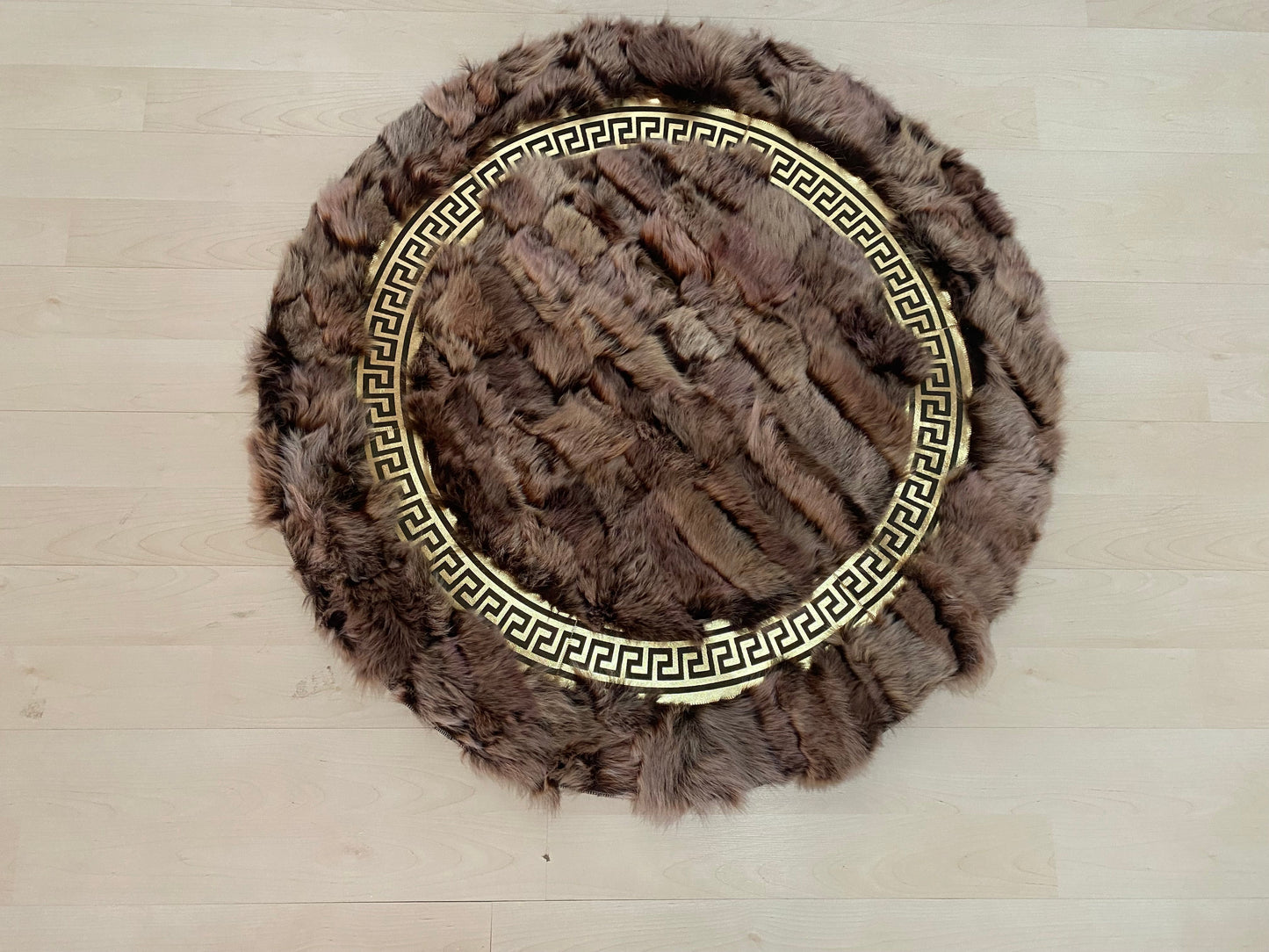 Patchwork Fluffy Soft Brown Gold Organic Sheepskin Handmade Round Rug