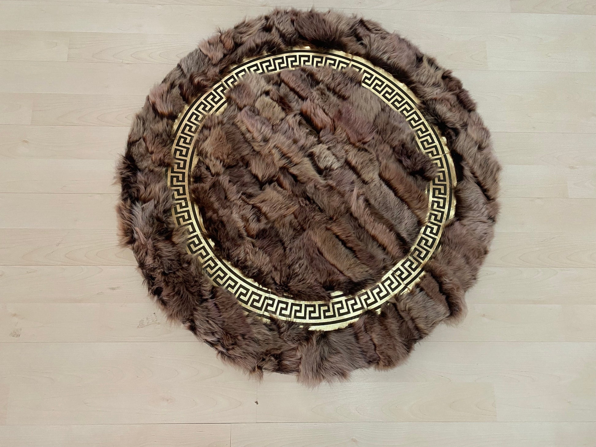 Patchwork Fluffy Soft Brown Gold Organic Sheepskin Handmade Round Rug