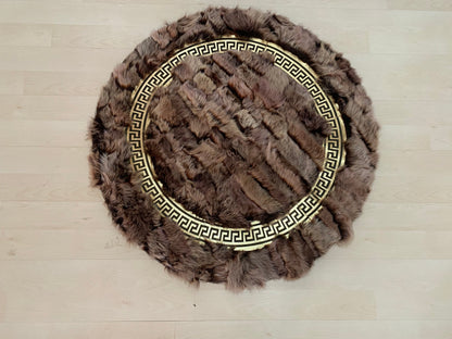 Patchwork Fluffy Soft Brown Gold Organic Sheepskin Handmade Round Rug