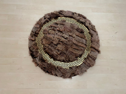 Patchwork Fluffy Soft Brown Gold Organic Sheepskin Handmade Round Rug