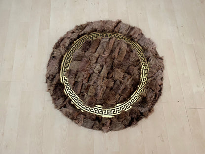 Patchwork Fluffy Soft Brown Gold Organic Sheepskin Handmade Round Rug