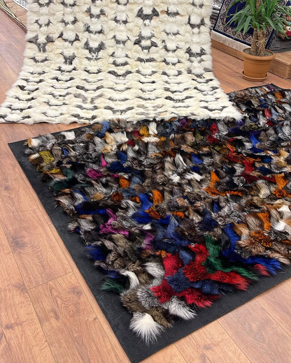 Natural Multicolor Genuine Fluffy Fox Fur Area Rug, Western Decoration