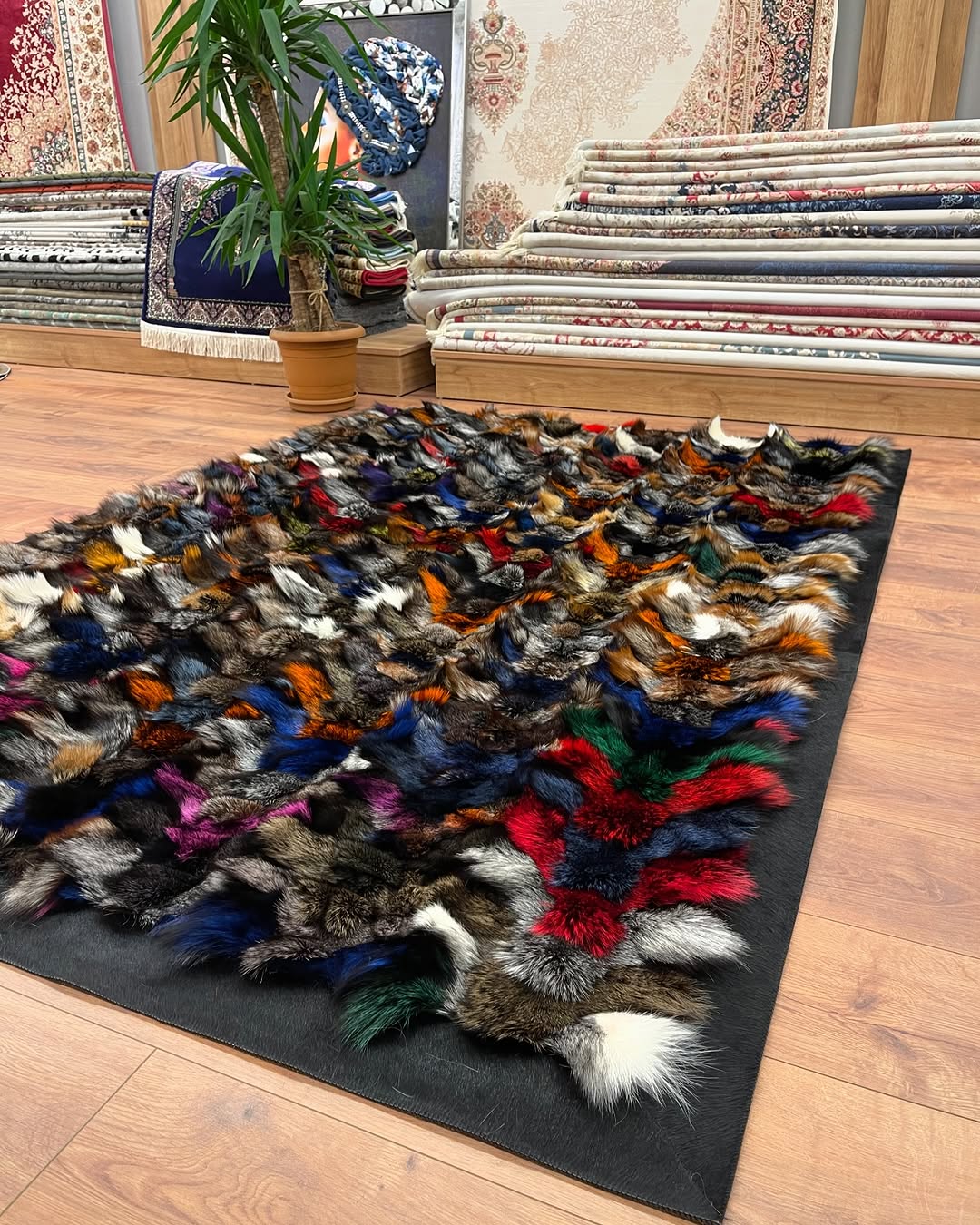 Natural Multicolor Genuine Fluffy Fox Fur Area Rug, Western Decoration