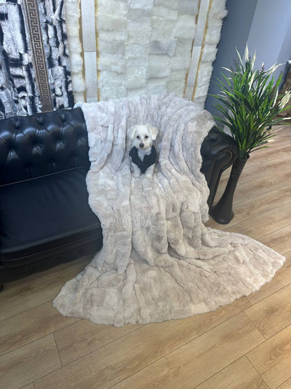 Natural Real Rabbit Fur Blanket Cream Beige Tones Throw, Personalized Handmade Fur Sofa Cover Bedspread, Throw Blanket, Fluffy Blanket