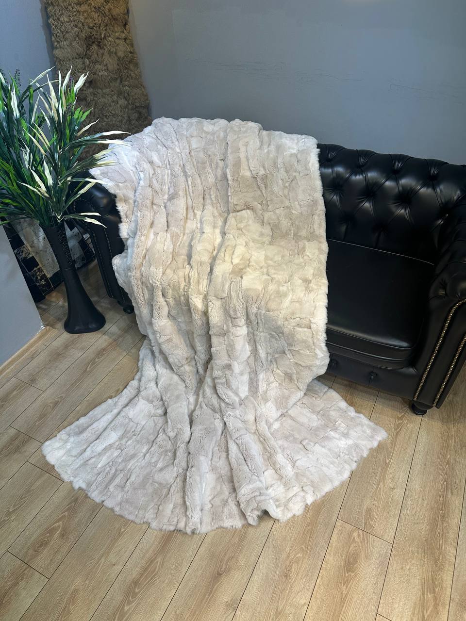 Natural Real Rabbit Fur Blanket Cream Beige Tones Throw, Personalized Handmade Fur Sofa Cover Bedspread, Throw Blanket, Fluffy Blanket