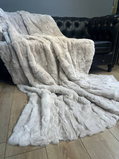 Natural Real Rabbit Fur Blanket Cream Beige Tones Throw, Personalized Handmade Fur Sofa Cover Bedspread, Throw Blanket, Fluffy Blanket