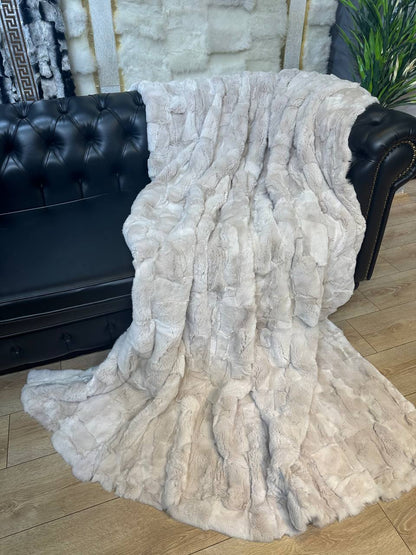 Natural Real Rabbit Fur Blanket Cream Beige Tones Throw, Personalized Handmade Fur Sofa Cover Bedspread, Throw Blanket, Fluffy Blanket