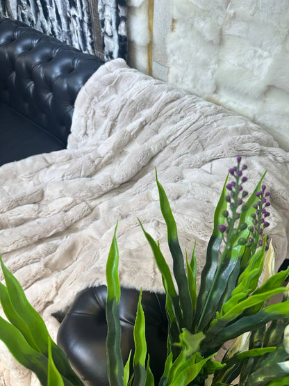 Natural Real Rabbit Fur Blanket Cream Beige Tones Throw, Personalized Handmade Fur Sofa Cover Bedspread, Throw Blanket, Fluffy Blanket