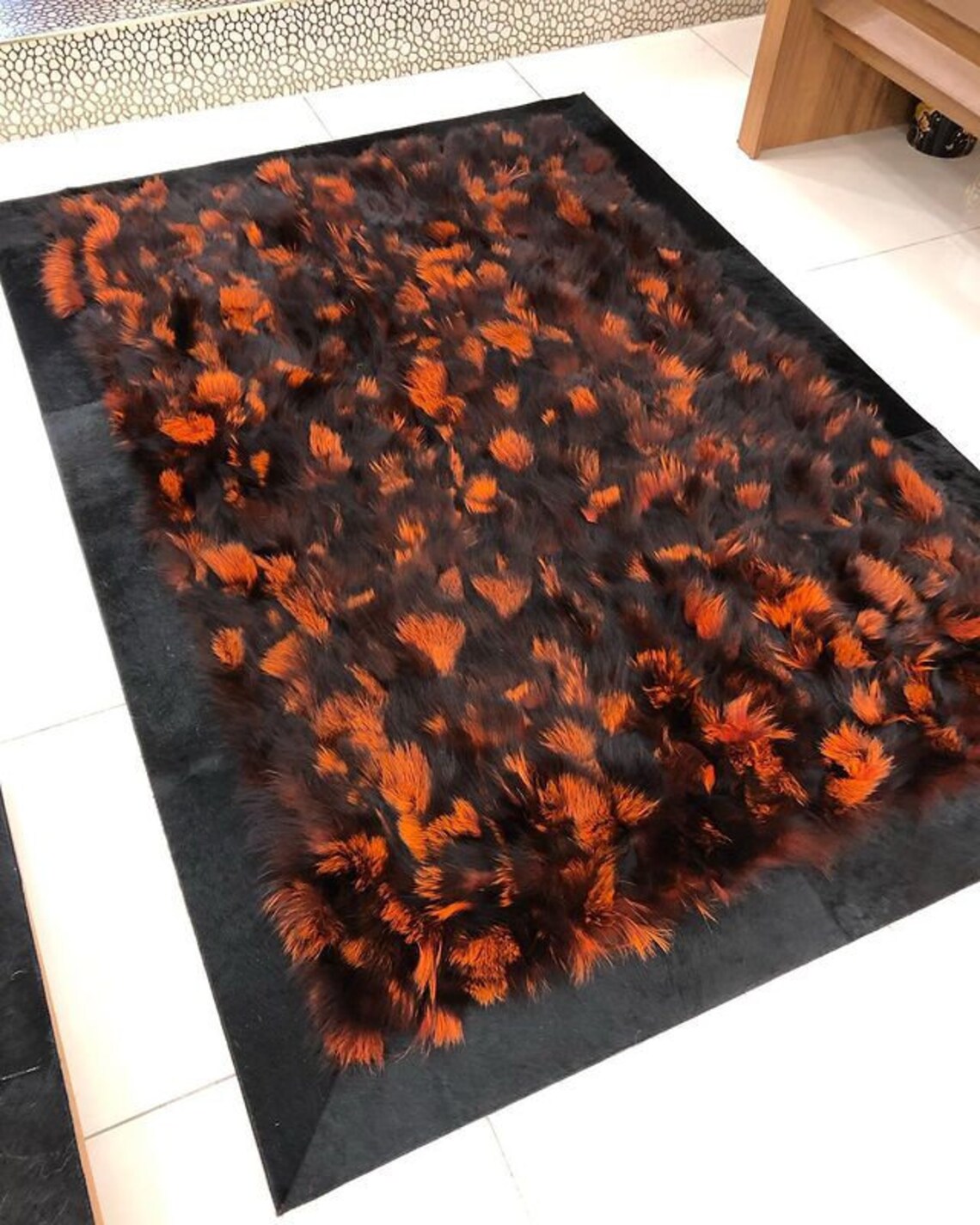 Original Orange Black Fox Fur Bedroom Rug , Handmade Soft Fluffy Rug