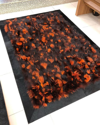 Original Orange Black Fox Fur Bedroom Rug , Handmade Soft Fluffy Rug