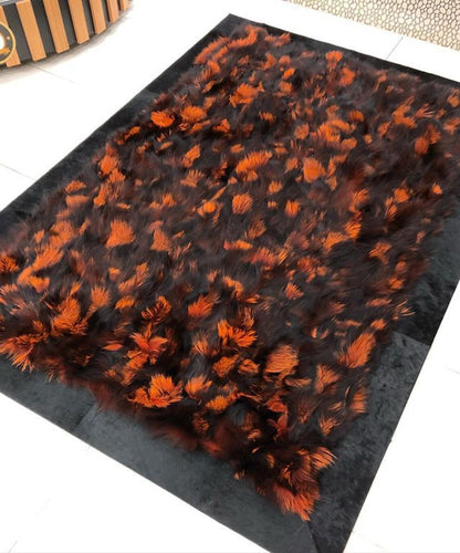 Original Orange Black Fox Fur Bedroom Rug , Handmade Soft Fluffy Rug