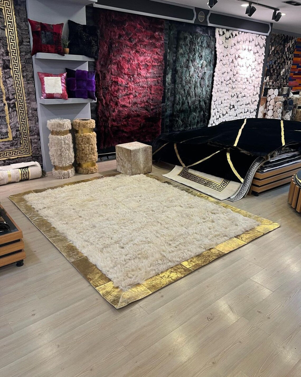 Patchwork Beige And Gold Real Sheepskin Living Room Rug , Handmade Rug