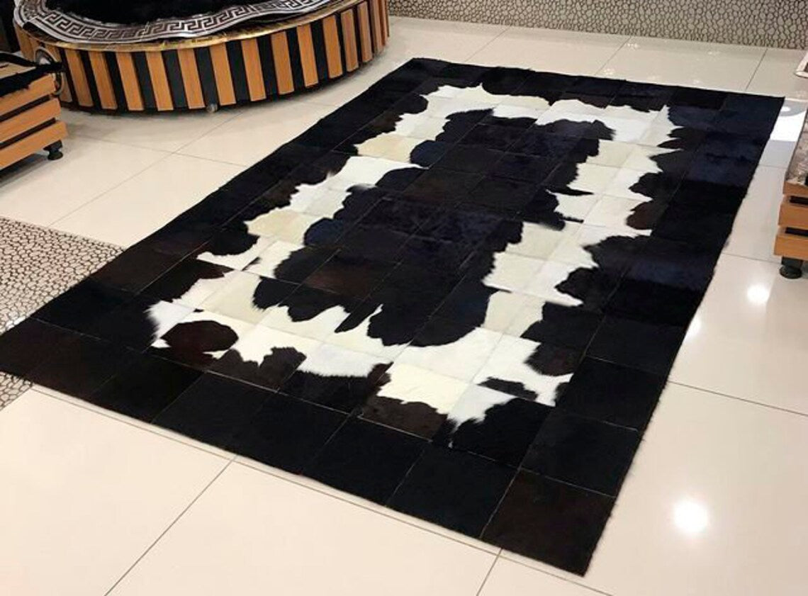 Patchwork Decorative Black And White Organic Cowhide 5x7 Area Carpet