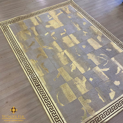 Patchwork Handmade Gold Real Cowhide Area Rug , Modern Bedroom 5x7 Rug