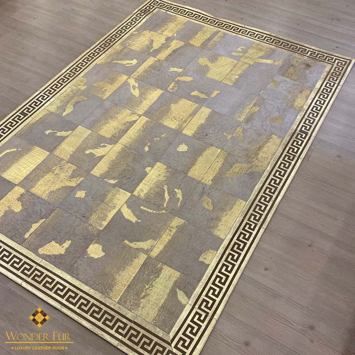Patchwork Handmade Gold Real Cowhide Area Rug , Modern Bedroom 5x7 Rug