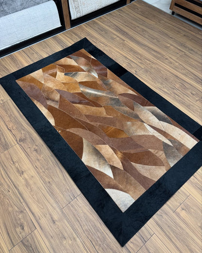 100% Genuine Cowhide Area Rug, Brown Black Cowhide Patchwork Rug, Modern Rug for Bedroom Room