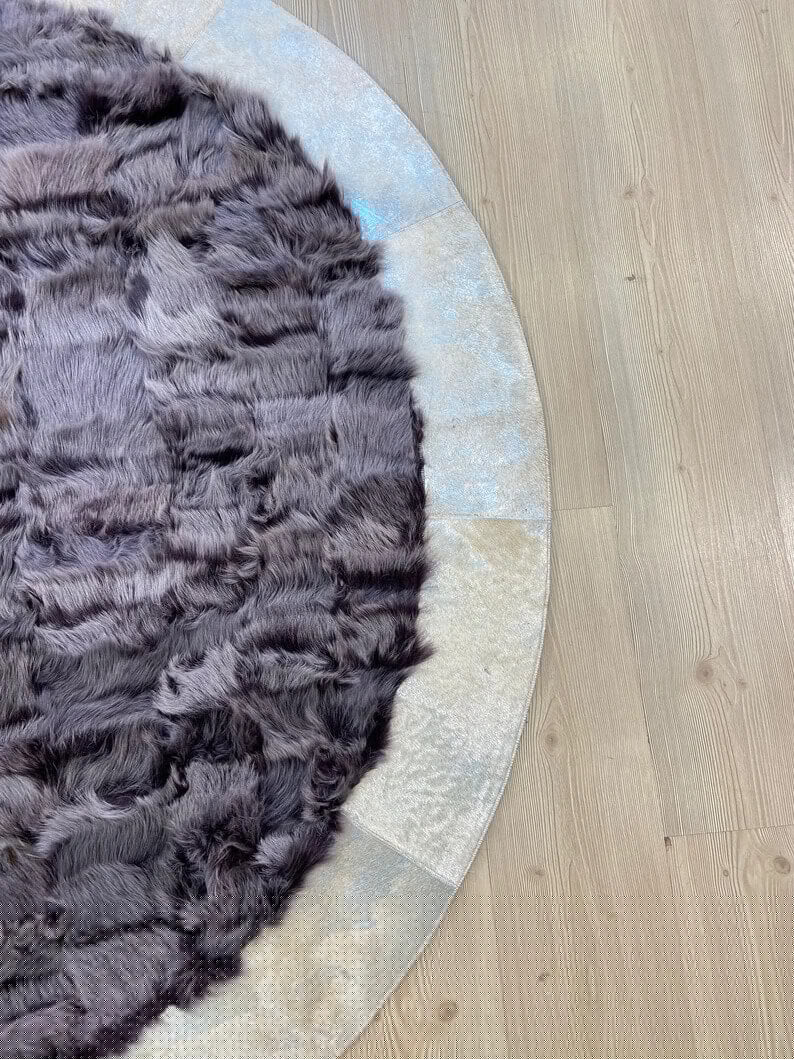 Handmade Patchwork Natural Gray And Gold Sheepskin Round Shaggy Carpet