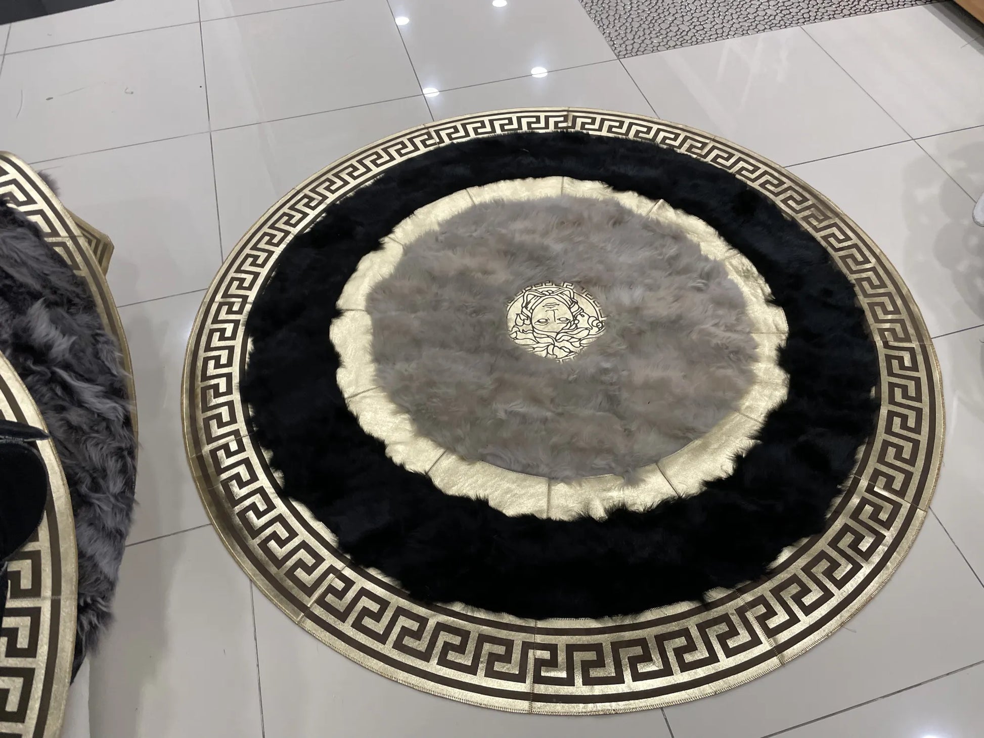 Customizable Handmade Black White And Gold Natural Sheepskin Round Rug