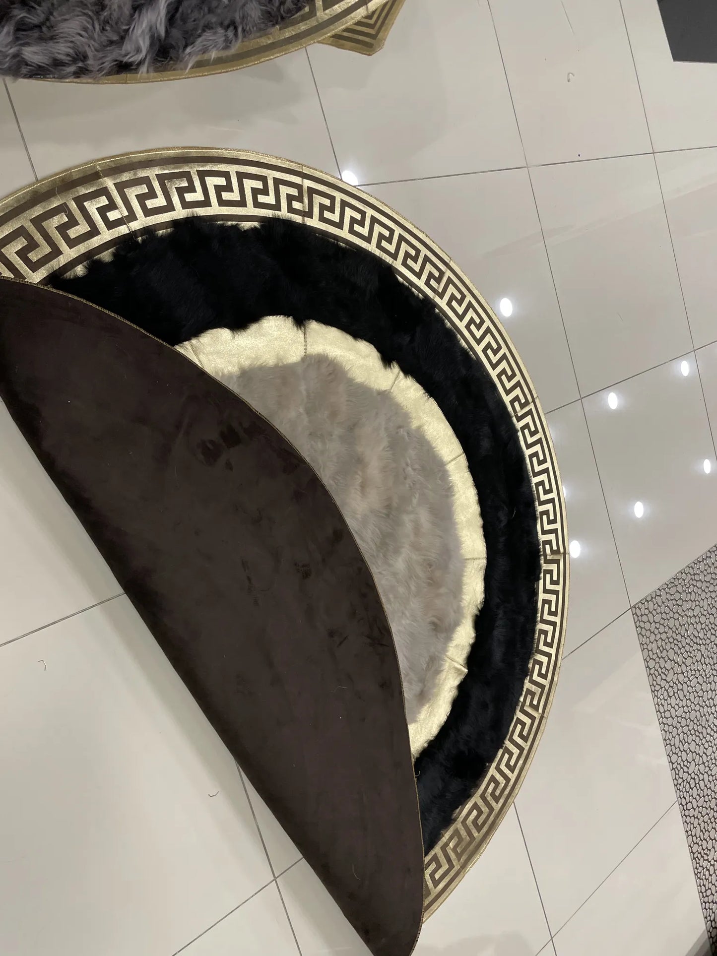 Customizable Handmade Black White And Gold Natural Sheepskin Round Rug