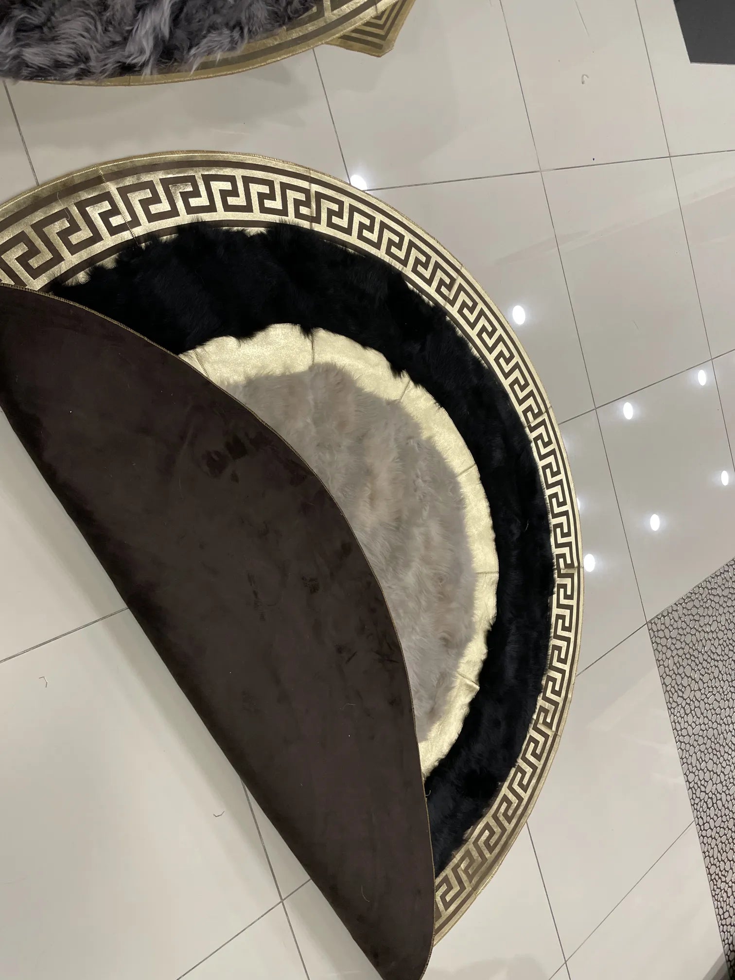 Customizable Handmade Black White And Gold Natural Sheepskin Round Rug