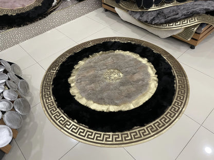 Customizable Handmade Black White And Gold Natural Sheepskin Round Rug