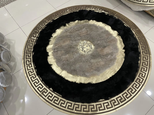 Customizable Handmade Black White And Gold Natural Sheepskin Round Rug