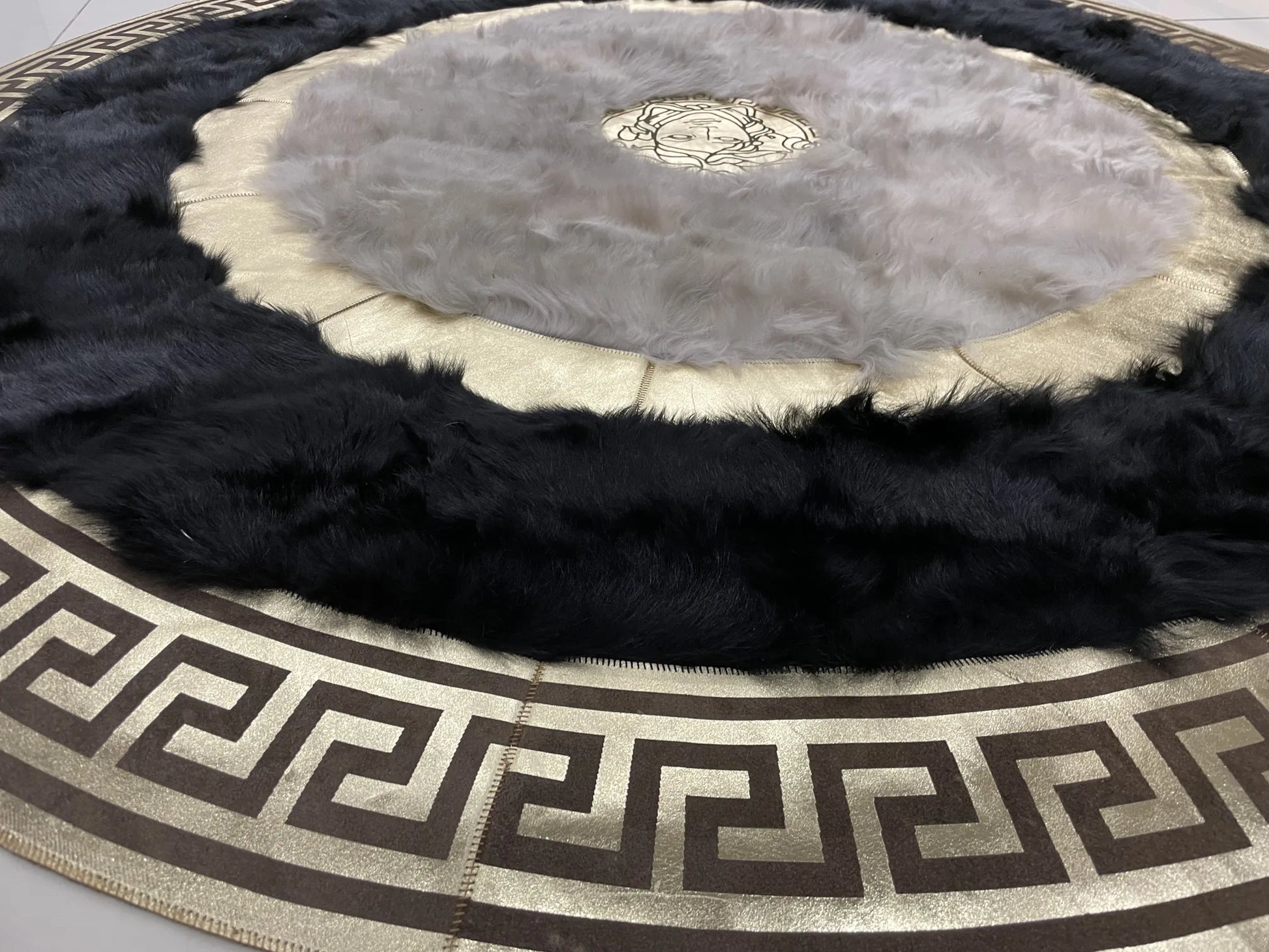 Customizable Handmade Black White And Gold Natural Sheepskin Round Rug