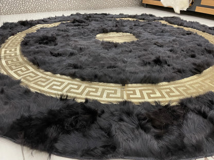 Handmade Patchwork Black And Gold Natural Sheepskin Non Slip Round Rug