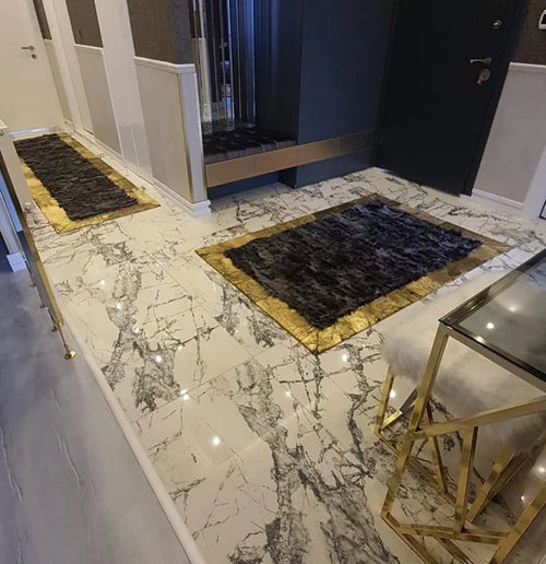 Scandinavian Patchwork Black Gold Corridor Rug , Natural Sheepskin Rug