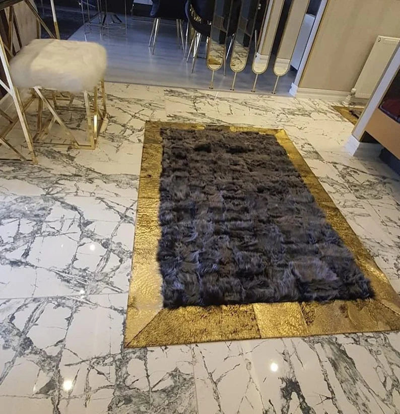 Scandinavian Patchwork Black Gold Corridor Rug , Natural Sheepskin Rug