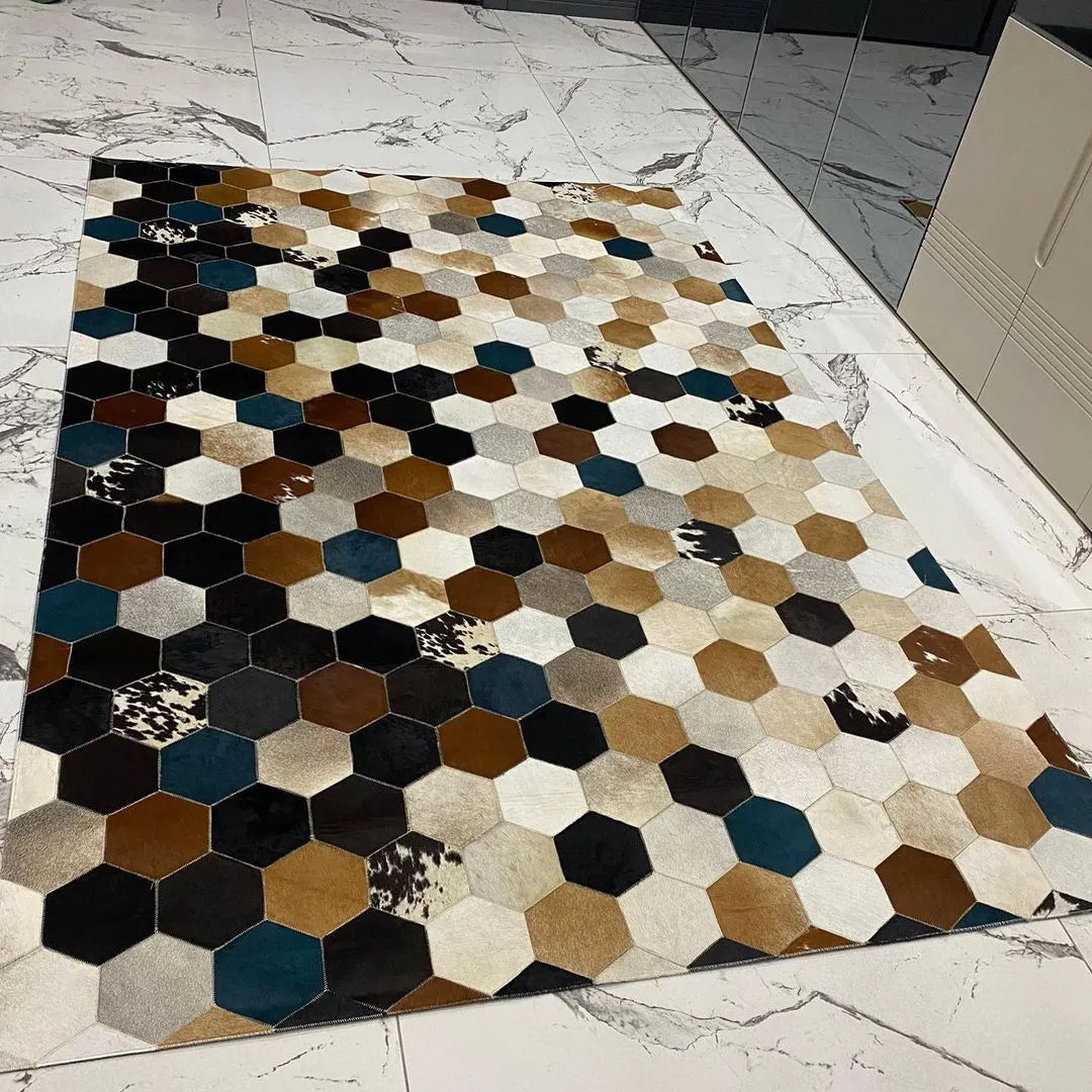 Multicolor Handmade Cowhide Area 6x9 Rug, 100% Genuine Cowhide Patchwork Rug, Carpet for Child Room