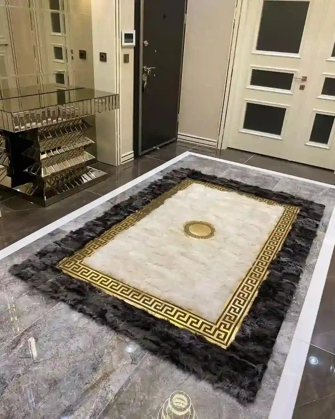 Customizable Handmade Gray White Organic Sheepskin Living Room Carpet