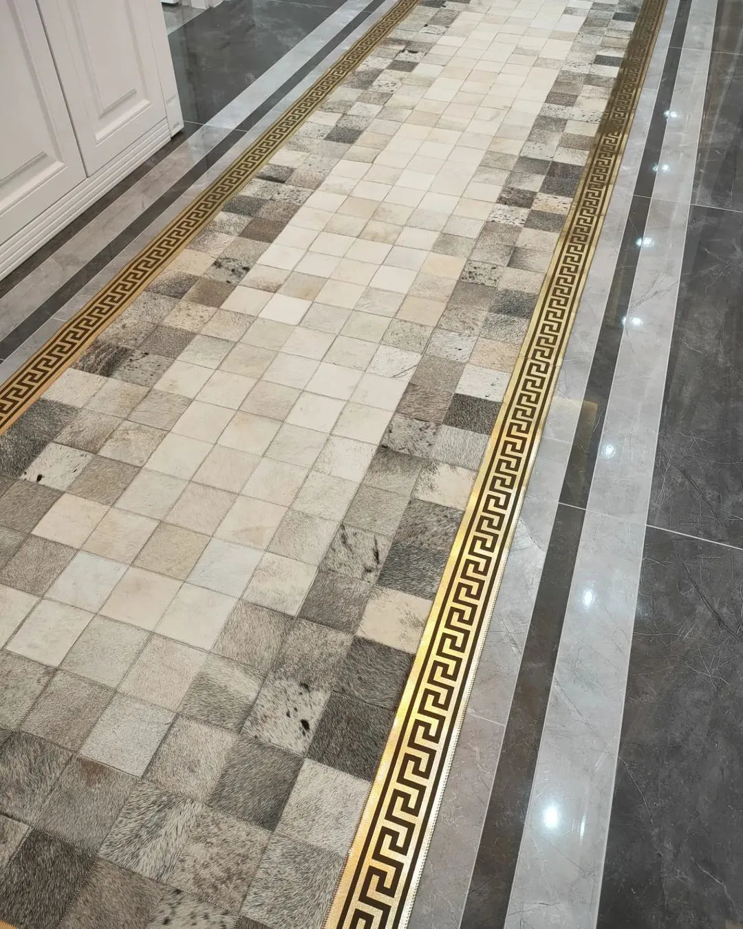 Modern Designed Gray and Cream Cowhide Runner Rug, Natural Cowhide Patchwork Runner Rug, Luxury Runner Rug for Hallway