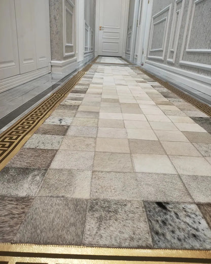 Modern Designed Gray and Cream Cowhide Runner Rug, Natural Cowhide Patchwork Runner Rug, Luxury Runner Rug for Hallway