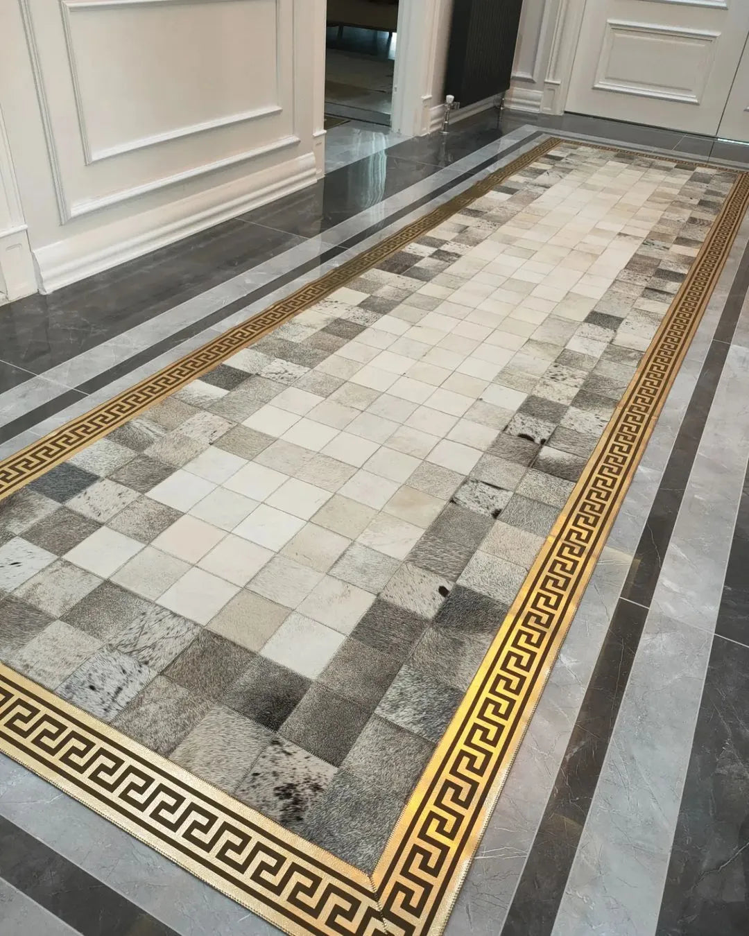 Modern Designed Gray and Cream Cowhide Runner Rug, Natural Cowhide Patchwork Runner Rug, Luxury Runner Rug for Hallway