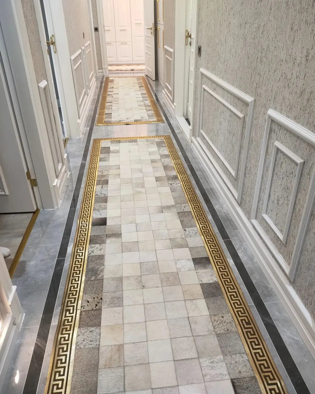 Modern Designed Gray and Cream Cowhide Runner Rug, Natural Cowhide Patchwork Runner Rug, Luxury Runner Rug for Hallway