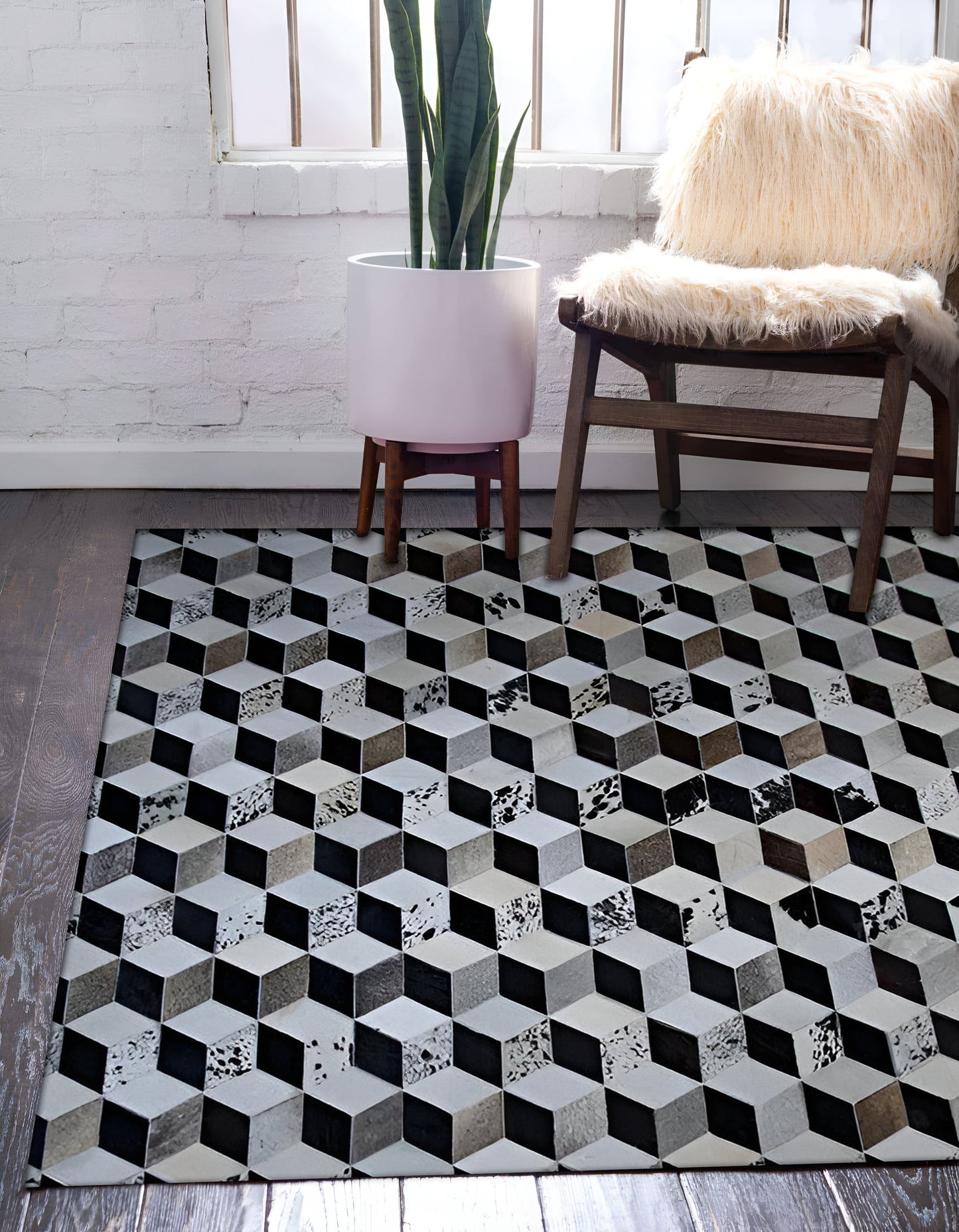 Tricolor 100% Genuine Leather Cowhide Area Rug, Handmade Cow Skin Carpet