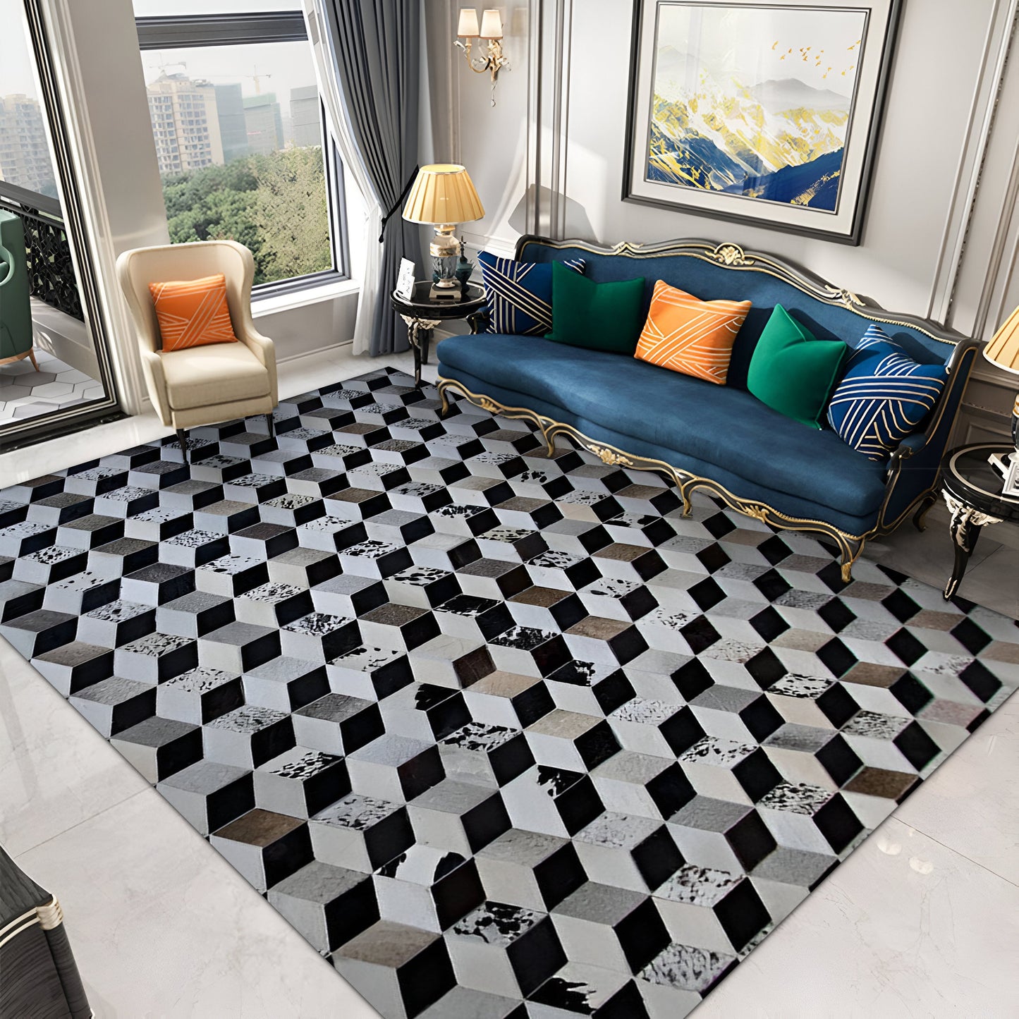 Tricolor 100% Genuine Leather Cowhide Area Rug, Handmade Cow Skin Carpet