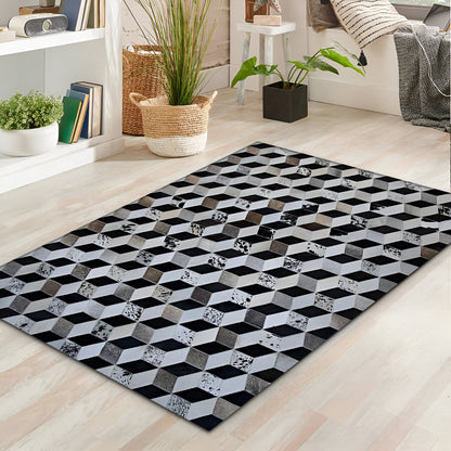 Tricolor 100% Genuine Leather Cowhide Area Rug, Handmade Cow Skin Carpet