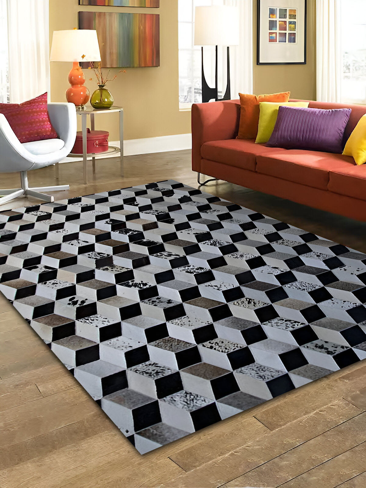 Tricolor 100% Genuine Leather Cowhide Area Rug, Handmade Cow Skin Carpet