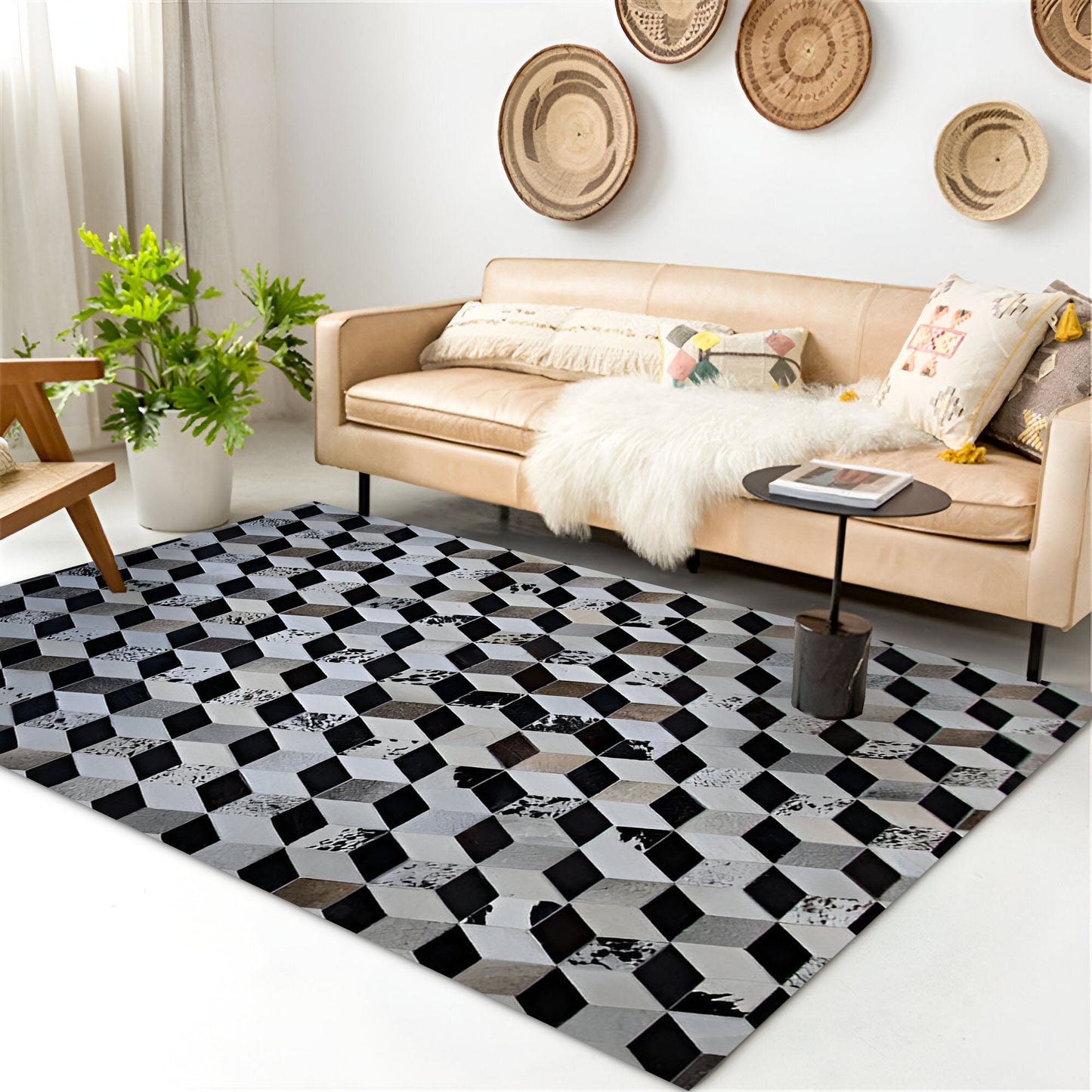 Tricolor 100% Genuine Leather Cowhide Area Rug, Handmade Cow Skin Carpet