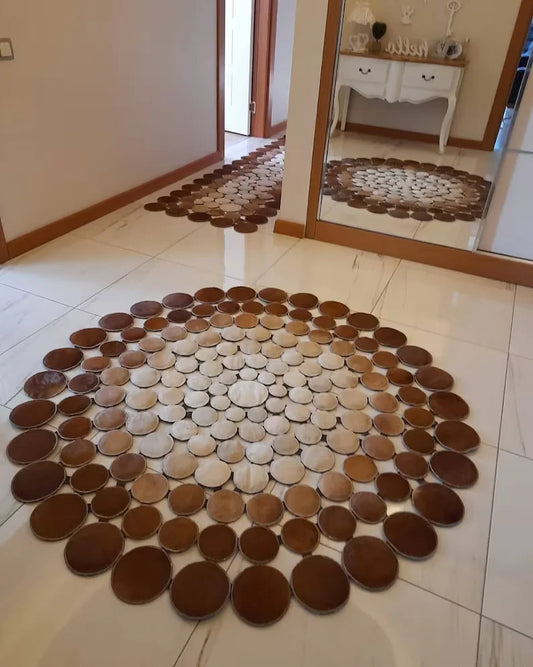 Tricolor 4x4 Round Rug, Natural Cow Skin Patchwork Carpet, Handmade Cowhide Decor Rug