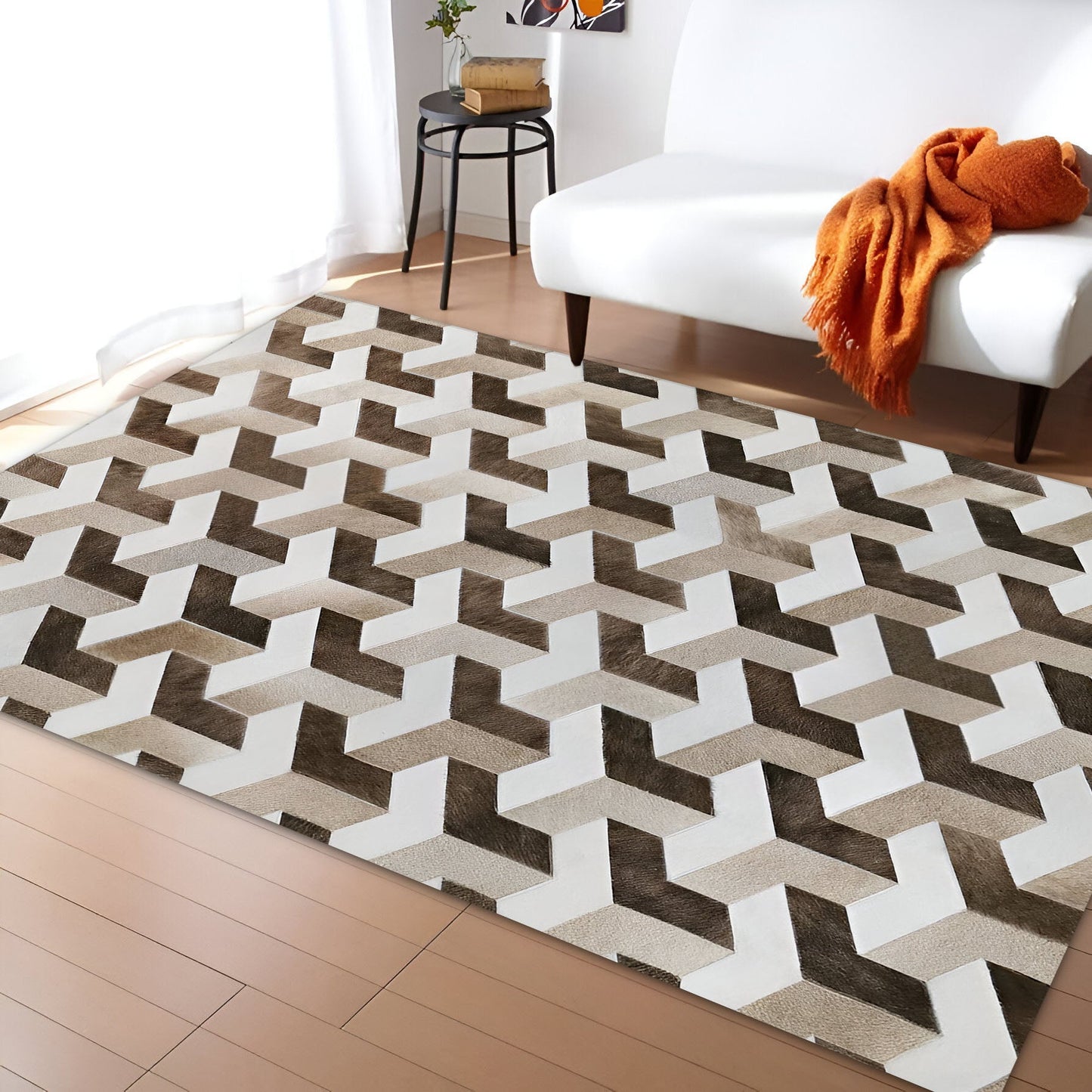 Tricolor Cowhide Area Rug, Natural Leather Cow Skin Patchwork Rug