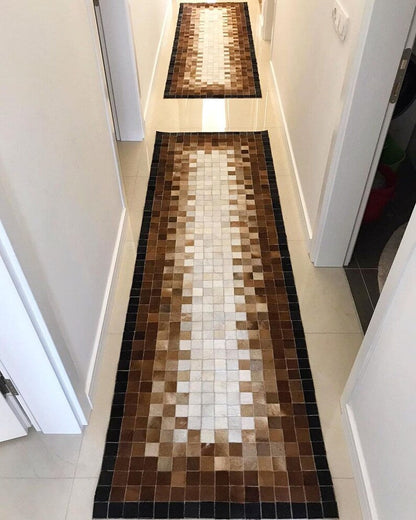 Tricolor Cowhide Patchwork Rug for Hallway, Hair on Leather Rug, Natural Cowhide Rug