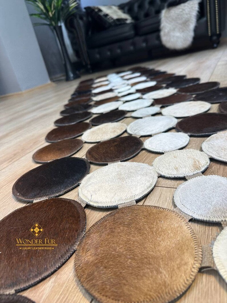 Tricolor Cowhide Patchwork Runner Rug for Hallway, Natural Handmade Cow Skin Carpet