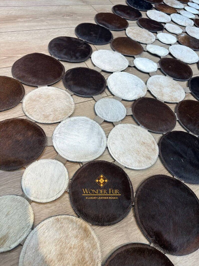 Tricolor Cowhide Patchwork Runner Rug for Hallway, Natural Handmade Cow Skin Carpet