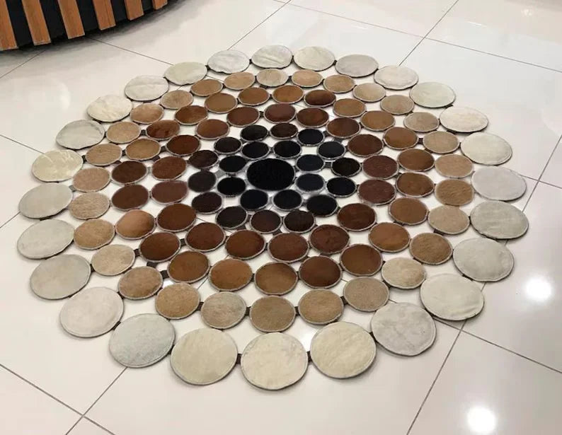 Tricolor Cowhide Round Rug, Cow Skin Patchwork Rug, Natural Leather Area Rug